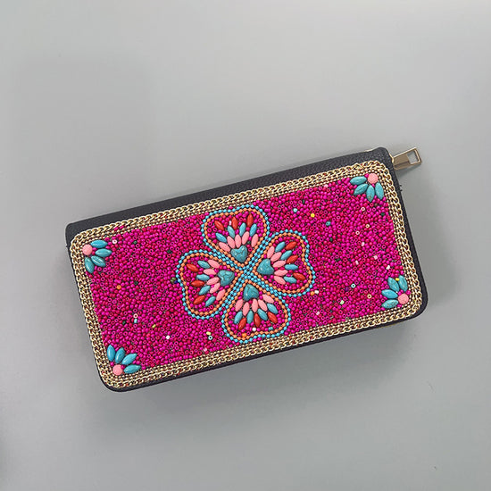 Rose Red Four-Leaf Clover Ethnic Style Beaded Clutch - Handmade Retro Wallet Style 8