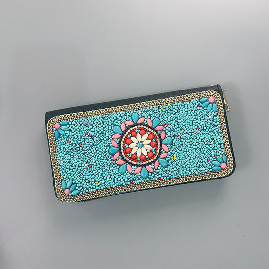 Blue Flowers Ethnic Style Beaded Clutch - Handmade Retro Wallet Style 10