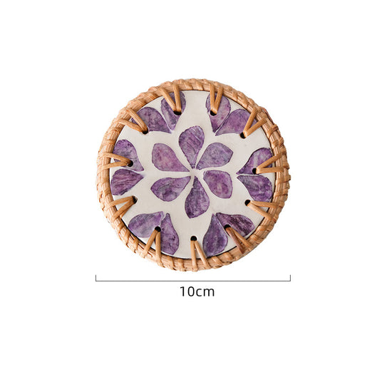 (Purple Heart Pattern) Set of 5 Rattan & Shell Coasters - Decorative & Heat Resistant