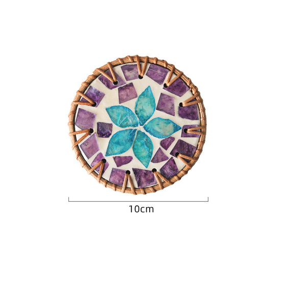(Purple Blue Flower) Set of 5 Rattan & Shell Coasters - Decorative & Heat Resistant