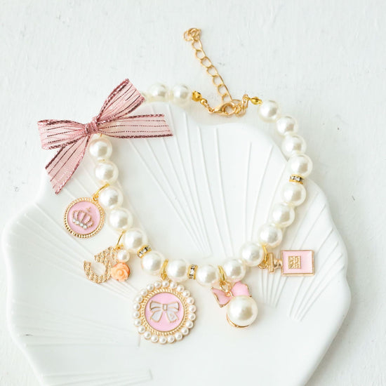 Pink 4-PCS Pearl Charm Pet Necklace - Adjustable Bowknot Collar for Small Dogs & Cats (L: 30+5CM)