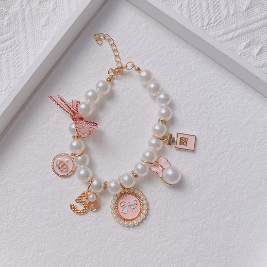 Pink 4-PCS Pearl Charm Pet Necklace - Adjustable Bowknot Collar for Small Dogs & Cats (L: 30+5CM)