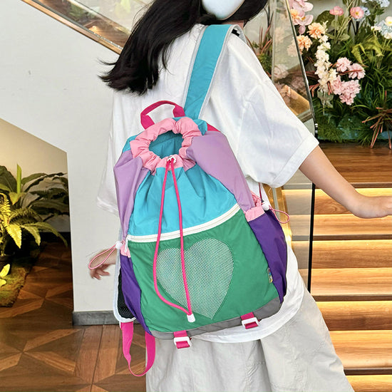 Green Colorblock Drawstring Backpack - Lightweight Nylon Bag with Heart Mesh Pocket