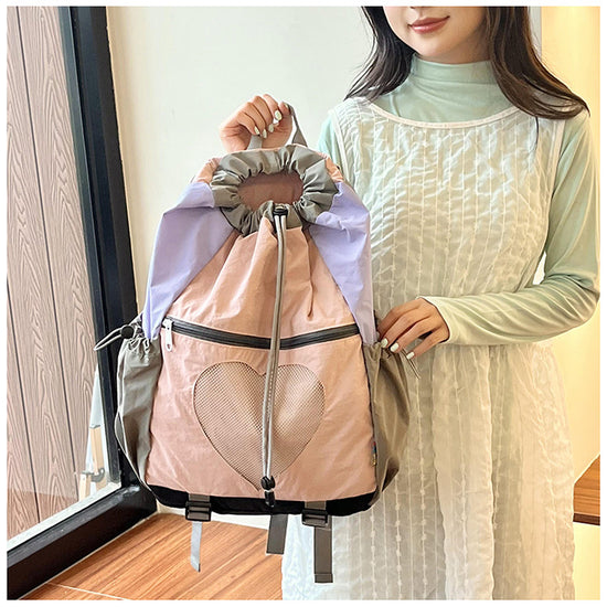 Pink Colorblock Drawstring Backpack - Lightweight Nylon Bag with Heart Mesh Pocket