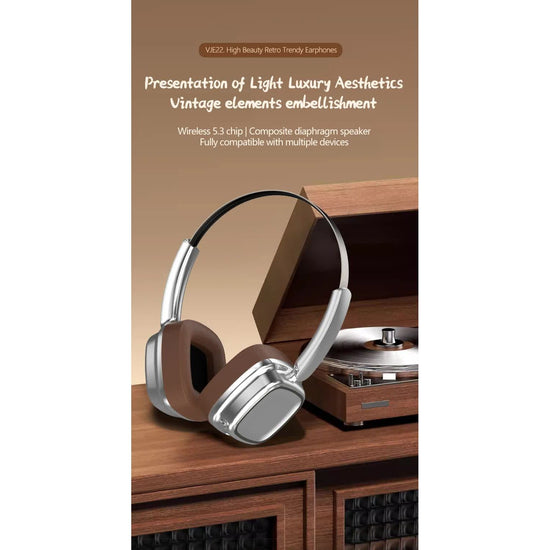Silver And Brown Compact Retro Headphones - Wireless Bluetooth, Deep Bass, Immersive Sound