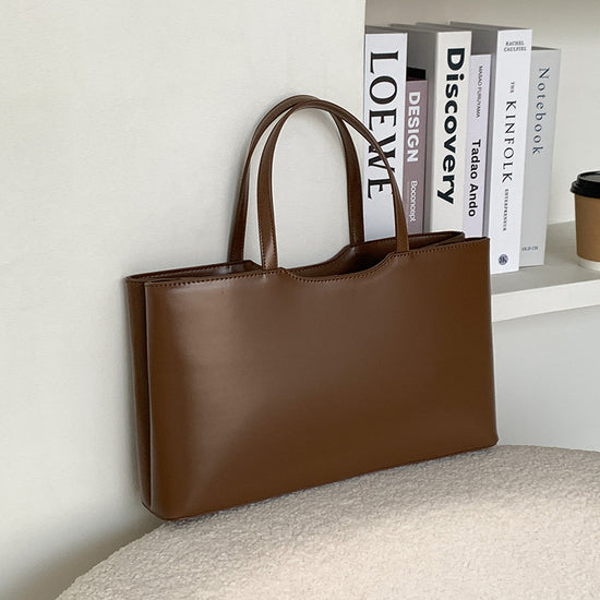 Coffee Large Capacity Tote Bag - Minimalist PU Leather Handbag for Daily Commute