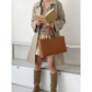 Brown Large Capacity Tote Bag - Minimalist PU Leather Handbag for Daily Commute