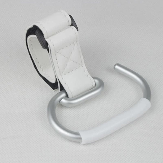 White Stroller Hooks 4-Pack - Leather and Alloy Pram Hooks with Velcro for Mom Bags and Accessories