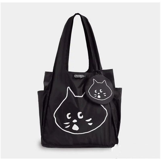 Black Foldable Waterproof Shopping Tote Bag Set - Large Capacity Lightweight Reusable Grocery Bag with Matching Pouch