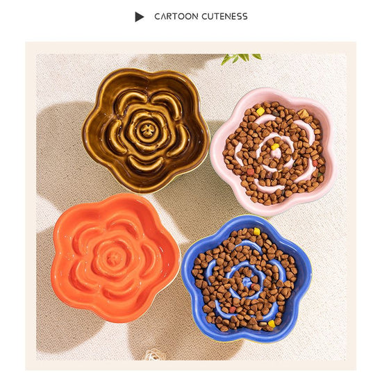 Khaki and Orange Ceramic Slow Feeder Pet Bowl for Cats and Small Dogs - Anti-Choke Elevated Design with 15-Degree Tilted Rim