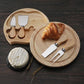 Brown And Silver Compact Round Rubberwood Cheese Board Set | 4 Stainless Steel Knives & Tools