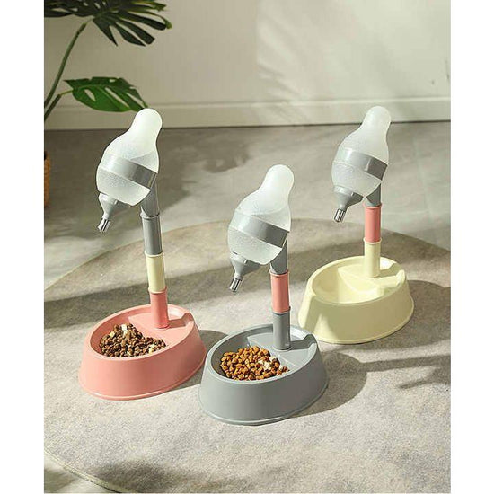 Beige Base Adjustable Height Pet Water Dispenser with Food Bowl Base - Non-Drip Bottle Feeder Station for Dogs & Cats