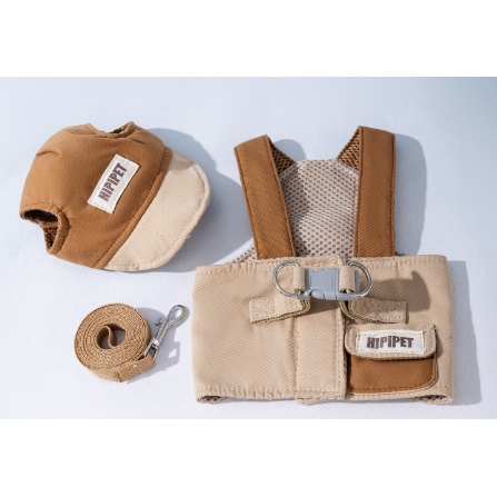 L Brown Pet Sun Hat with Adjustable Strap + Leash & Harness 3-Piece Set - Breathable Summer Cap for Dogs & Cats with Ear Holes