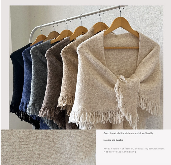 Grey Elegant Knit Scarf Shawl with Tassels - Versatile Warm Wrap (65cm x 175cm)