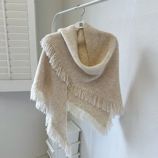 Beige Elegant Knit Scarf Shawl with Tassels - Versatile Warm Wrap (65cm x 175cm)
