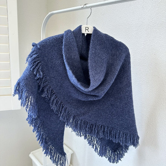 Navy Blue Elegant Knit Scarf Shawl with Tassels - Versatile Warm Wrap (65cm x 175cm)