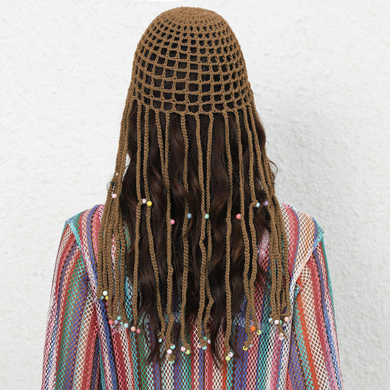 Coffee Boho Hand-Crocheted Tassel Sun Hat - Lightweight Breathable Beach Cap (Fits 55-60cm)