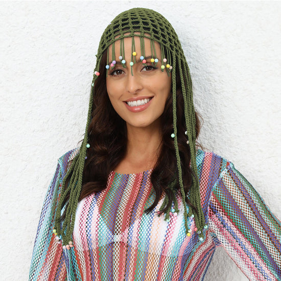Green Boho Hand-Crocheted Tassel Sun Hat - Lightweight Breathable Beach Cap (Fits 55-60cm)