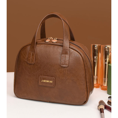 Brown Retro PU Leather Cosmetic Bag - Large Capacity Travel Toiletry Organizer Pouch