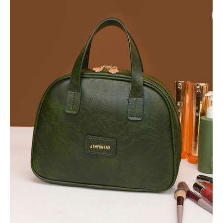 Green Retro PU Leather Cosmetic Bag - Large Capacity Travel Toiletry Organizer Pouch