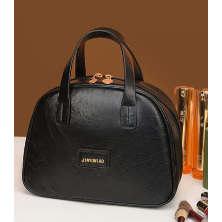 Black Retro PU Leather Cosmetic Bag - Large Capacity Travel Toiletry Organizer Pouch