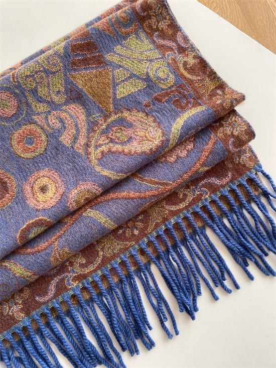 Light Blue Bohemian Paisley Print Scarf - Large Lightweight Shawl Wrap - 200cm x 65cm