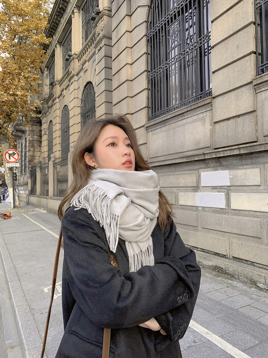 Luxury Cashmere Blend Scarf, Large 200x70cm Fringed Scarf (Beige Gray)