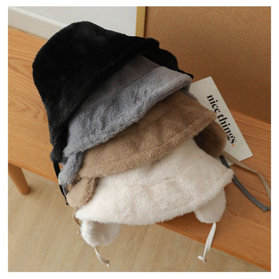 Plush Bucket Hat with Ear Flaps ,Warm Furry Winter Hat in Grey-One size (54-59cm) adjustable