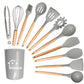 Light Grey 11-Piece Silicone Kitchen Utensil Set with Wooden Handles and Storage Bucket - Heat Resistant and Non-Stick