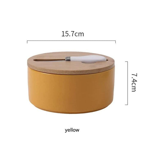 Yellow Nordic Ceramic Butter Dish with Knife - Airtight Cheese Container with Bamboo Lid, Kitchen Storage