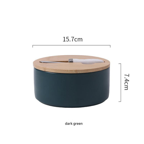 Green Nordic Ceramic Butter Dish with Knife - Airtight Cheese Container with Bamboo Lid, Kitchen Storage