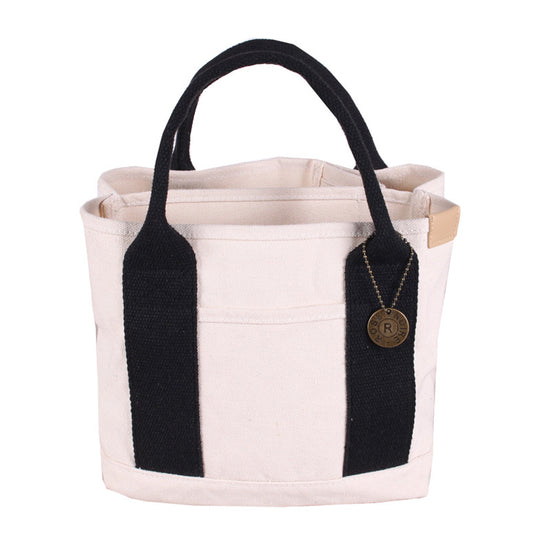 White with black Canvas Lunch Tote Bag - Stylish Handbag with Multiple Compartments for Women