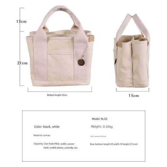 White with black Canvas Lunch Tote Bag - Stylish Handbag with Multiple Compartments for Women