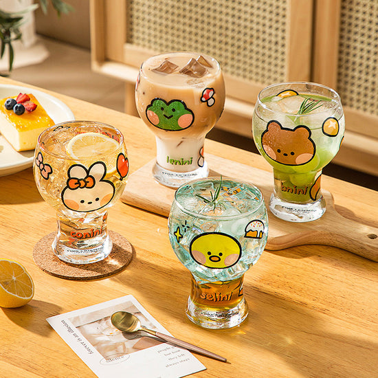 Mini Cartoon Glass Tumbler 400ml,Cute Beer and Juice Cup for Cold Drinks(Green frog)