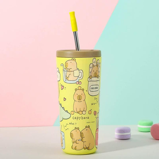 304 Stainless Steel Insulated Tumbler,Cartoon Design Portable Straw Cup for Home and Office(yellow)