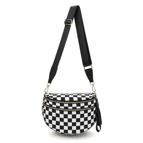 Oxford Cloth Crossbody Bag,Large Capacity Shell-Shaped Fanny Pack with Adjustable Strap(Black and white plaid)