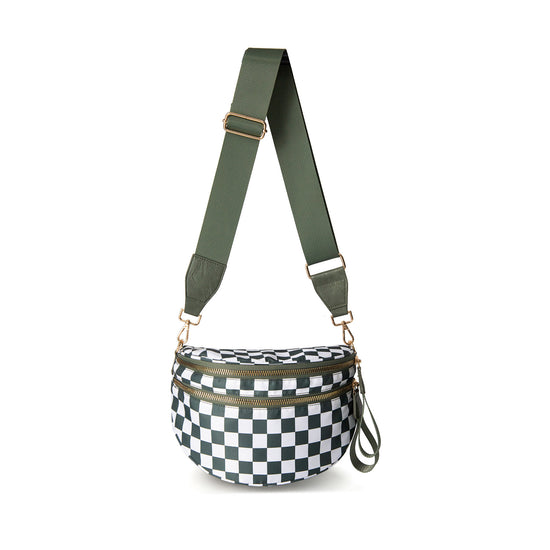 Oxford Cloth Crossbody Bag,Large Capacity Shell-Shaped Fanny Pack with Adjustable Strap(Green plaid)