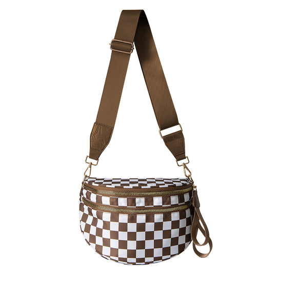 Oxford Cloth Crossbody Bag,Large Capacity Shell-Shaped Fanny Pack with Adjustable Strap(Brown plaid)