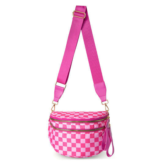 Oxford Cloth Crossbody Bag,Large Capacity Shell-Shaped Fanny Pack with Adjustable Strap(Rose red plaid)