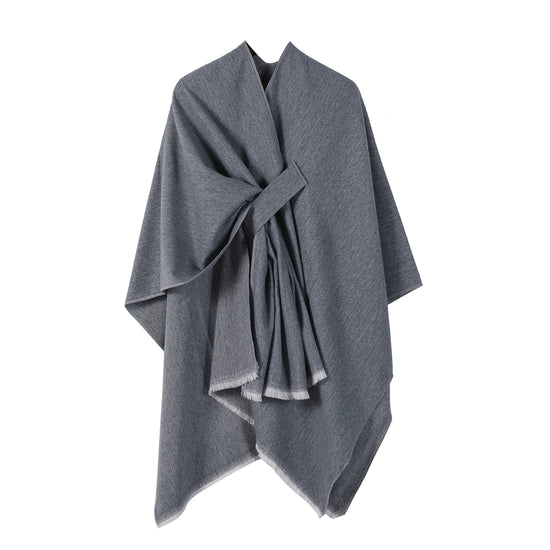 Solid Knit Poncho Shawl,Warm Fall/Winter Cape with Slit and Crossbar Design(Dark gray)