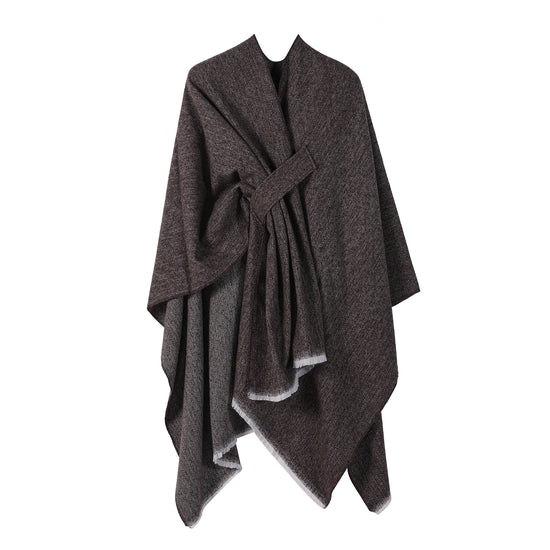 Solid Knit Poncho Shawl,Warm Fall/Winter Cape with Slit and Crossbar Design(Coffee)