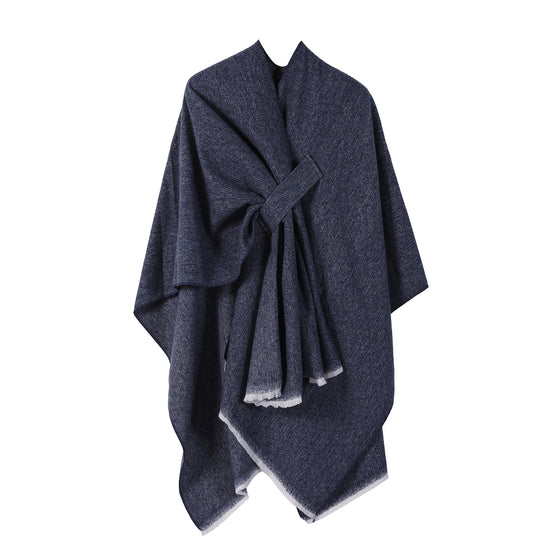 Solid Knit Poncho Shawl,Warm Fall/Winter Cape with Slit and Crossbar Design(Navy blue)