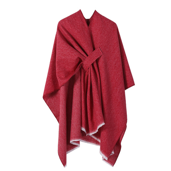 Solid Knit Poncho Shawl,Warm Fall/Winter Cape with Slit and Crossbar Design(Red)