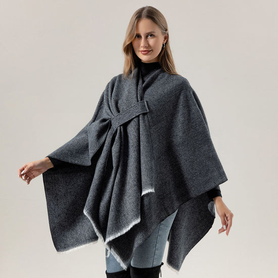 Solid Knit Poncho Shawl,Warm Fall/Winter Cape with Slit and Crossbar Design(Wine red)