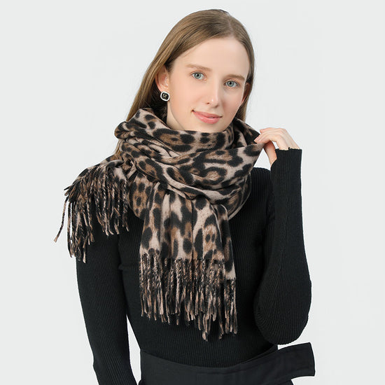 Stylish Animal Print Scarf - Warm Fall/Winter Shawl with Tassels, Imitation Cashmere(Khaki)