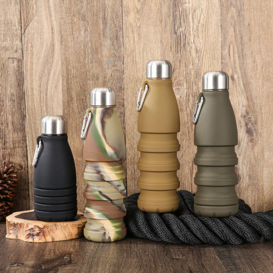 Gray Collapsible Silicone Water Bottle - Portable Sports Hydration Flask with Carabiner, 550ml/300ml