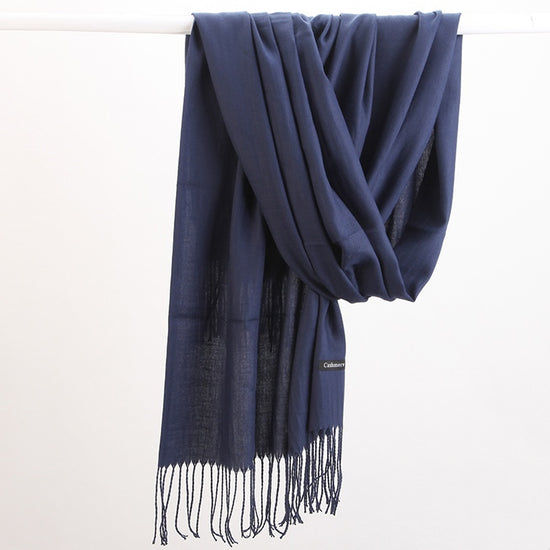 Luxe Soft Imitation Cashmere Scarf - Warm Solid Tone Shawl with Elegant Fringe(Navy blue)