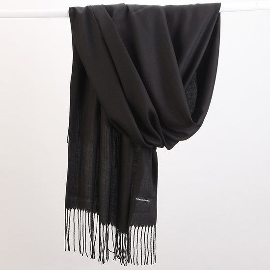 Luxe Soft Imitation Cashmere Scarf - Warm Solid Tone Shawl with Elegant Fringe(Pure black)