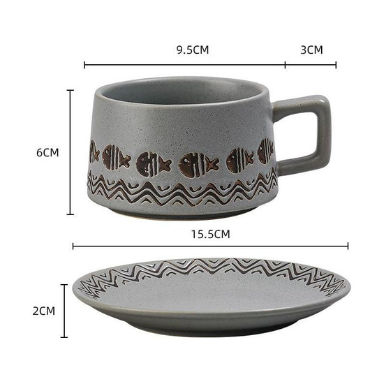 Vintage Ceramic Coffee Cup and Saucer Set - Elegant Afternoon Tea Set(Wave Fish Gray)