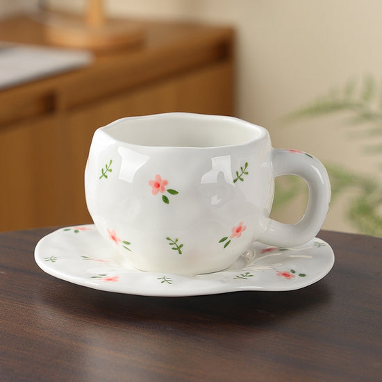 Hand-Painted Ceramic Coffee Cup and Saucer Set - Vintage Afternoon Tea(Red small floral branches)